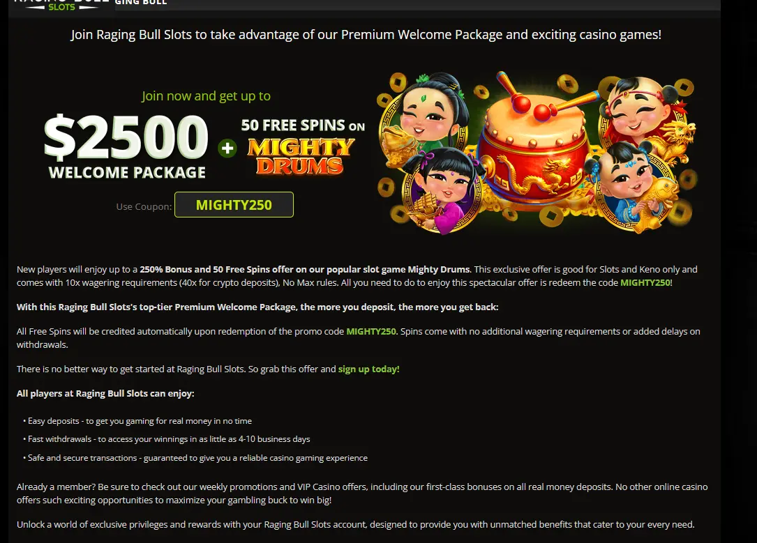 RagingBull Casino welcome package offer with the MIGHTY250 promo code and free spins on Mighty Drums