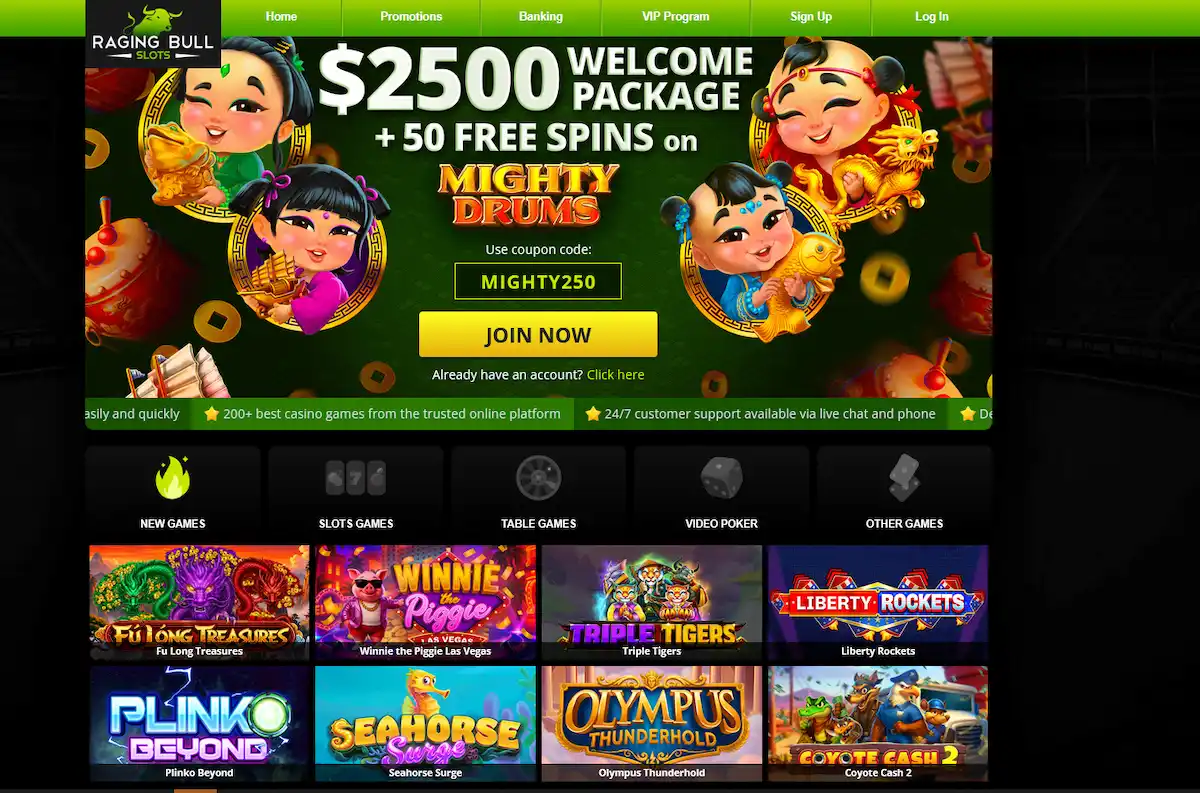 RagingBull Casino homepage showing the 410% welcome package and live pokies lobby