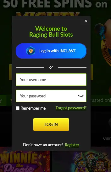 RagingBull Casino login popup with Inclave biometric sign-in and username/password fields