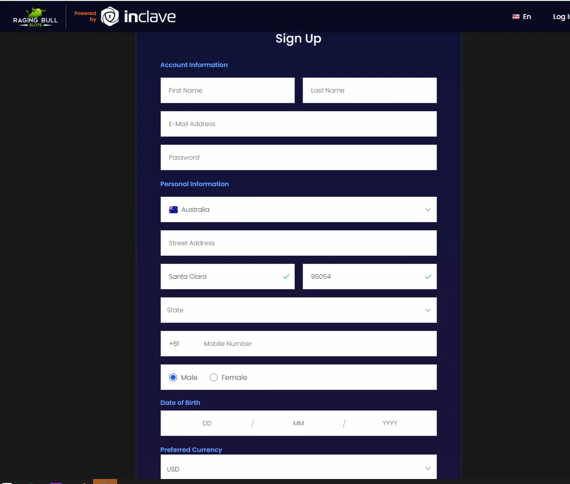 RagingBull Casino sign-up form for creating a new player account with personal and address details