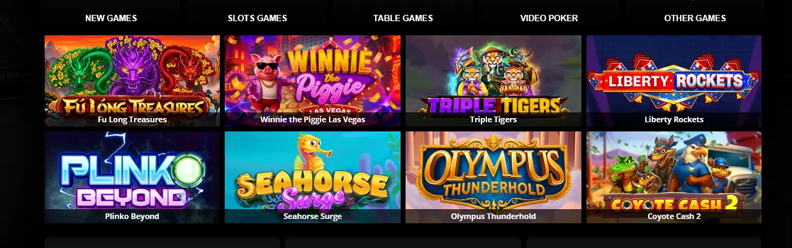 RagingBull Casino pokies lobby with new games, slots, table games and video poker categories